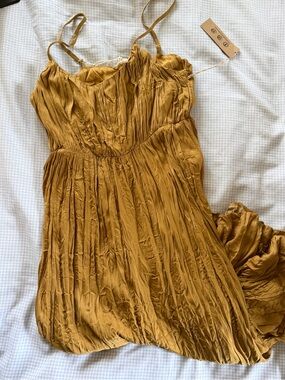 Mystree Crinkled Spaghetti Strap Dress in Mustard